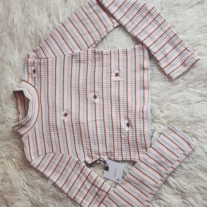 Von Maur Originality. Embroidered Ribbed Stripe Mock Neck Long Sleeve Crop Top